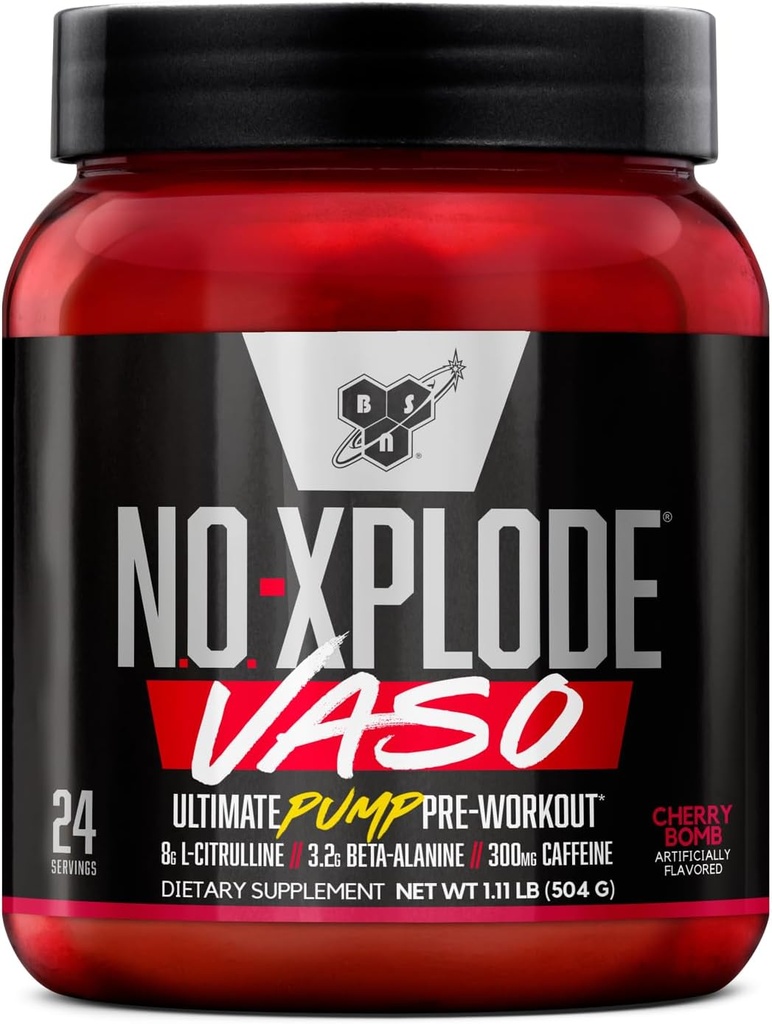 BSN N.O.-XPLODE Vaso Pre Workout Pulver med 8g L- Citrullin og 3,2 g Beta- Alanine og energi, Smag: Cherry Bomb, 24 Servere