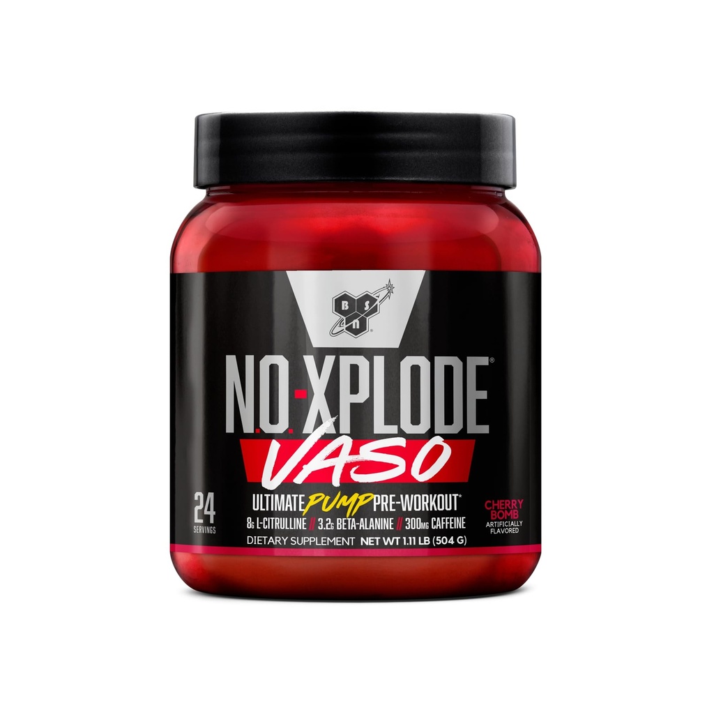 BSN N.O.-XPLODE Vaso Pre Workout Pulver med 8g L- Citrullin og 3,2 g Beta- Alanine og energi, Smag: Cherry Bomb, 24 Servere