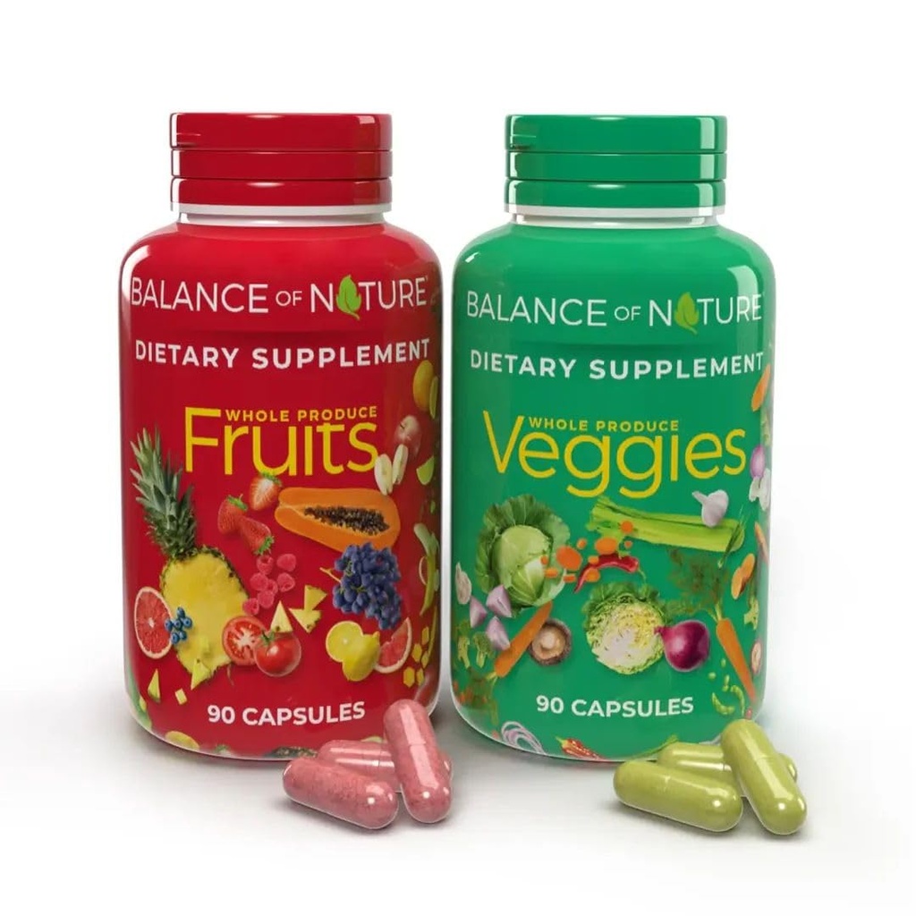 Naturens balance Frugt og grøntsager Kosttilskud - Hel Frugt og Vegetabilske Ingredienser til kvinder, mænd og børn - 90 Frugtkapsler, 90 Veggie Kapsler - 1 sæt