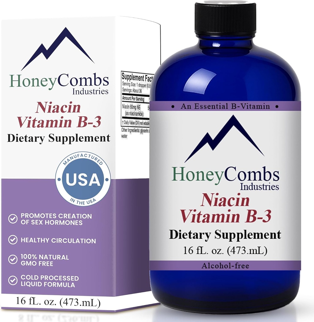 HoneyCombs Vitamin B3 Niacin Supplement Liquid Drops - High Potency Vitamin B3 Liquid Drops til mænd og kvinder - vedligeholde fordøjelsessystemet, hud, tunge, energi og mere - Vegan Niacin Drop (16 Fl oz)