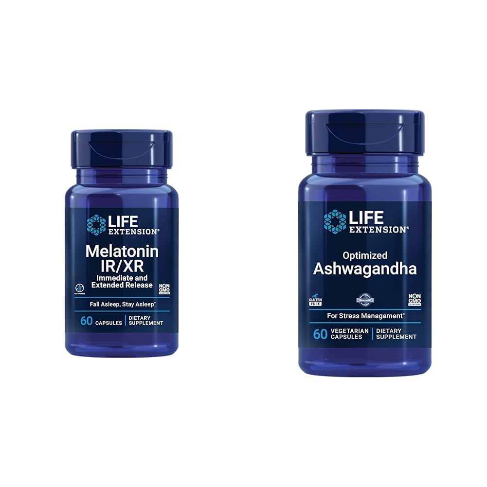Life Extension Melatonin IR/XR & Optimized Ashwagandha - Sleep, Stress Relief, Focus, Memory - 60 Capsules