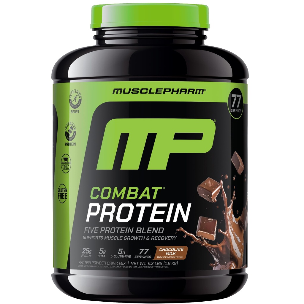 MusclePharm Combat Protein Powder, Chokolade Milk Flavor, Fuels Muscles for Productive Workouts, 5 Protein Kilder herunder Whey Protein Isolate & Egg Albumin, Gluten Free, 6.2 lb, 77 Servere