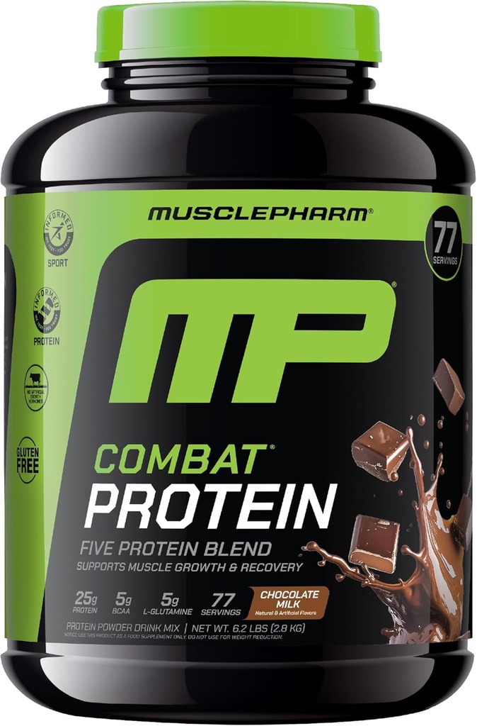 MusclePharm Combat Protein Powder, Chokolade Milk Flavor, Fuels Muscles for Productive Workouts, 5 Protein Kilder herunder Whey Protein Isolate & Egg Albumin, Gluten Free, 6.2 lb, 77 Servere