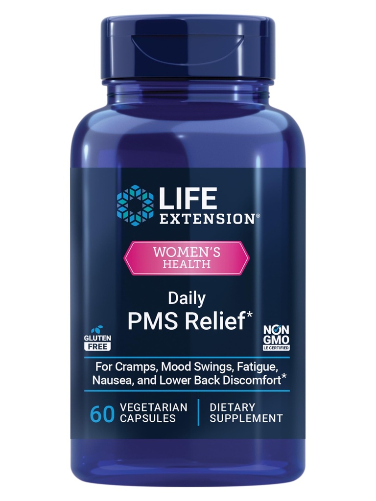 Life Extension Daily PMS Relief, Menstrual Comfort Supplement, PMS- Relaterede kramper, Lavere Ryg ubehag, Mood, Ginger, Magnesium, B6, Glutenfri, Non- GMO, 60 Kapsler
