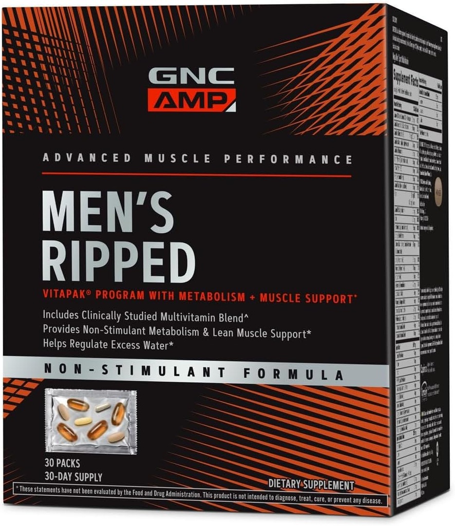 GNC Mænds Ripped Clinically Studied Multivitamin Blend, Lean Muscle Support, Non- Stimulant Formel, 30 Serveringer