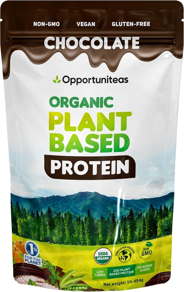 Opportuniteas Organic Plant Protein Powder, 20g Vegan Protein fra Pea, Pumpkin, og Rice, Ingen sukker, non-GMO, Glutenfri, Cremet chokolade, 1 LB
