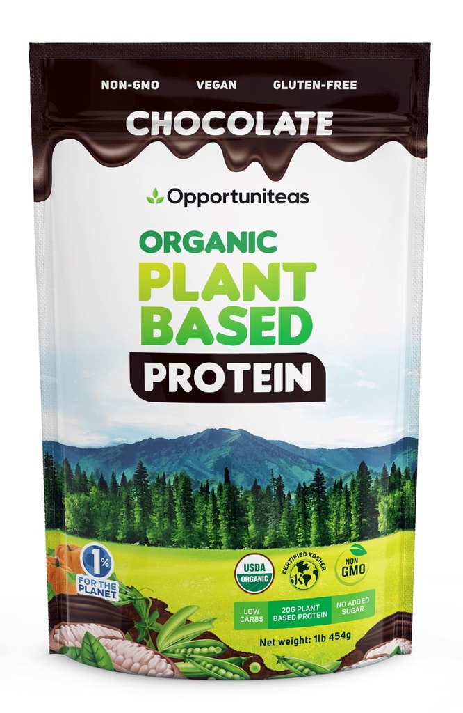 Opportuniteas Organic Plant Protein Powder, 20g Vegan Protein fra Pea, Pumpkin, og Rice, Ingen sukker, non-GMO, Glutenfri, Cremet chokolade, 1 LB