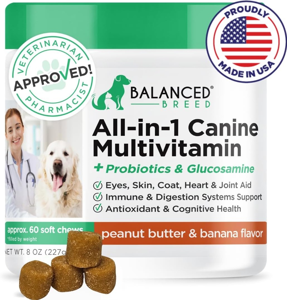 Balanceret Breed All- in-1 Hund Vitamin Kosttilskud Lavet i USA Vet- Pharmacist Godkendte hund Multivitamin Probiotika Glucosamin Chondroitin Hunde Salmon Oil Skin Coat Senior Hunde Supplement NonGMO