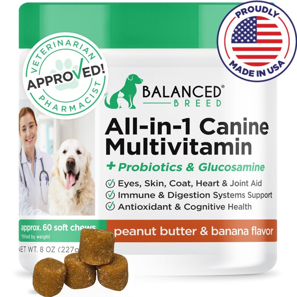 Balanceret Breed All- in-1 Hund Vitamin Kosttilskud Lavet i USA Vet- Pharmacist Godkendte hund Multivitamin Probiotika Glucosamin Chondroitin Hunde Salmon Oil Skin Coat Senior Hunde Supplement NonGMO