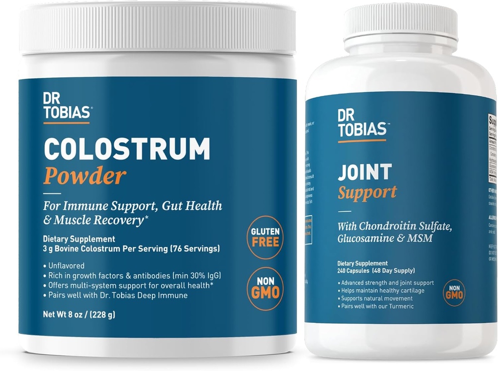 Dr. Tobias Joint Support Supplement og Colostrum Powder - Understøtter fælles mobilitet, brusk sundhed, og immunfunktion - ikke-GMO