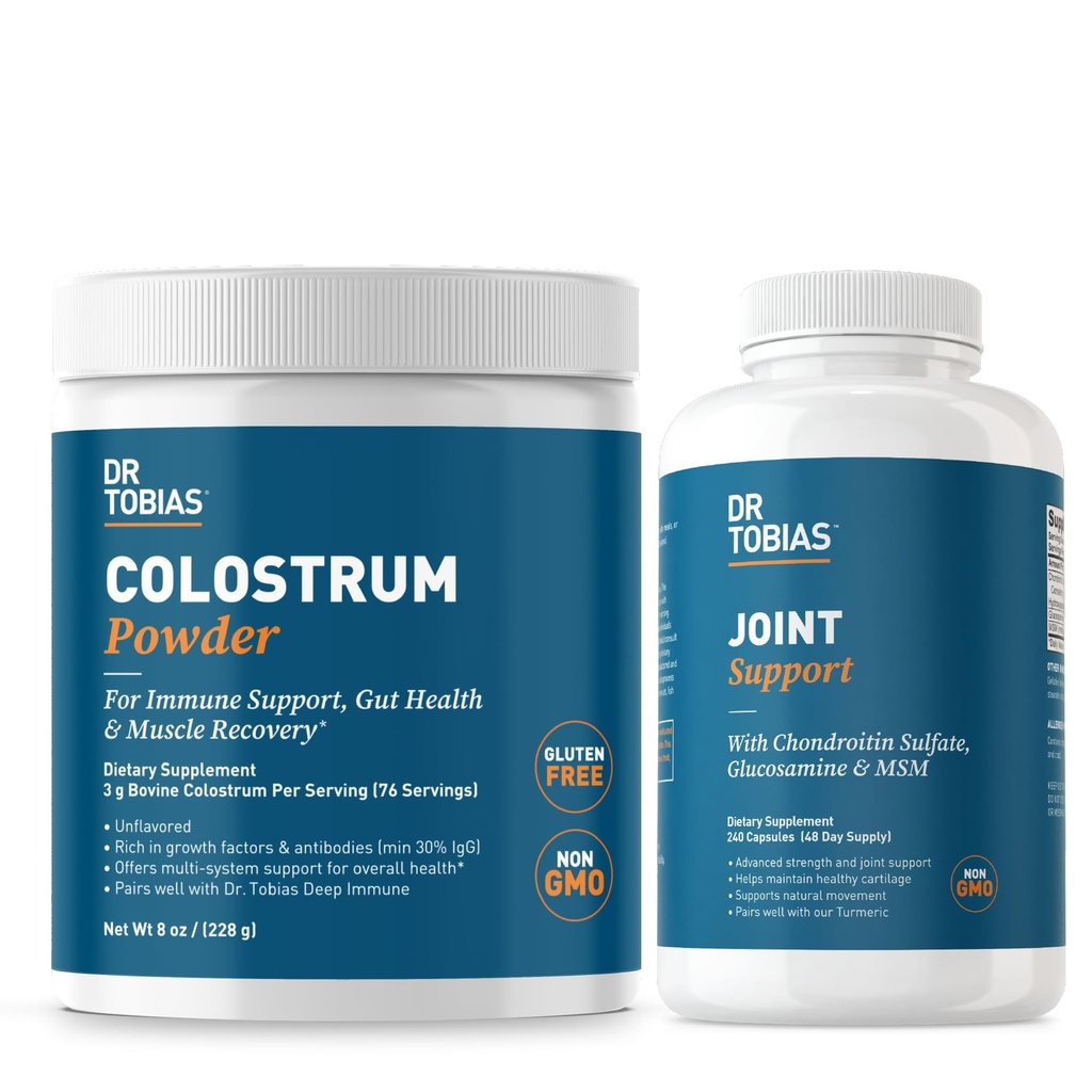 Dr. Tobias Joint Support Supplement og Colostrum Powder - Understøtter fælles mobilitet, brusk sundhed, og immunfunktion - ikke-GMO