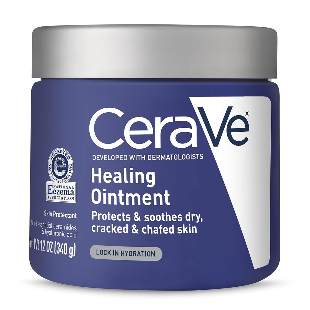 CeraVe Healing Salve, Hydrating Skin Protectant with Petrolatum, Hyaluronic Acid & Ceramider, ansigt & krop hudbarriere reparation til krakket, Chafed, tør hud, duft fri & lanolin fri, 12 Oz