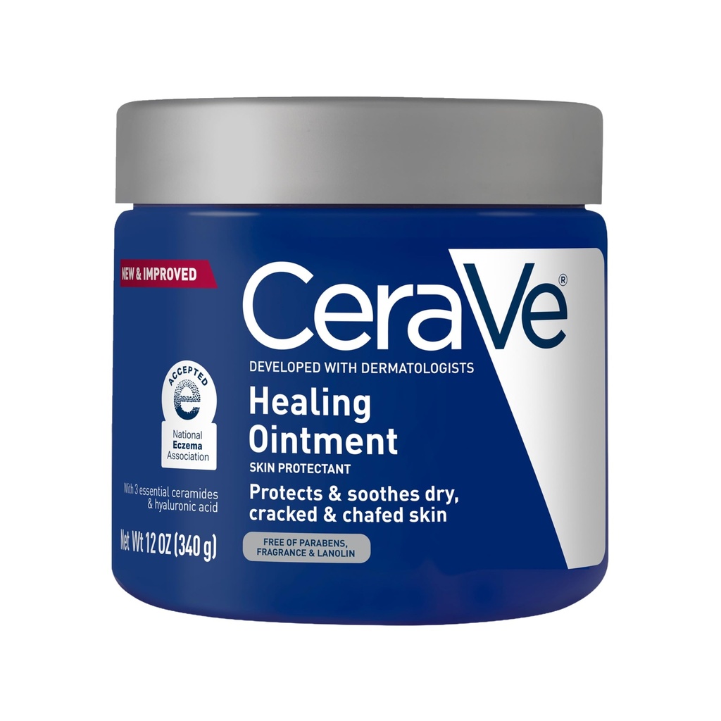 CeraVe Healing Salve, Hydrating Skin Protectant with Petrolatum, Hyaluronic Acid & Ceramider, ansigt & krop hudbarriere reparation til krakket, Chafed, tør hud, duft fri & lanolin fri, 12 Oz