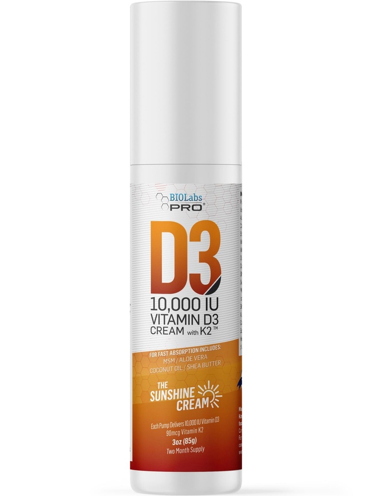 BIOLABS PRO Alle naturlige vitamin D3 10000IE D-creme - maksimal styrke - bekæmpe vitamin D-mangel naturligt - med vitamin K2 & Olive Leaf ekstrakt - sikker & effektiv (10,000IE - 3.0oz)