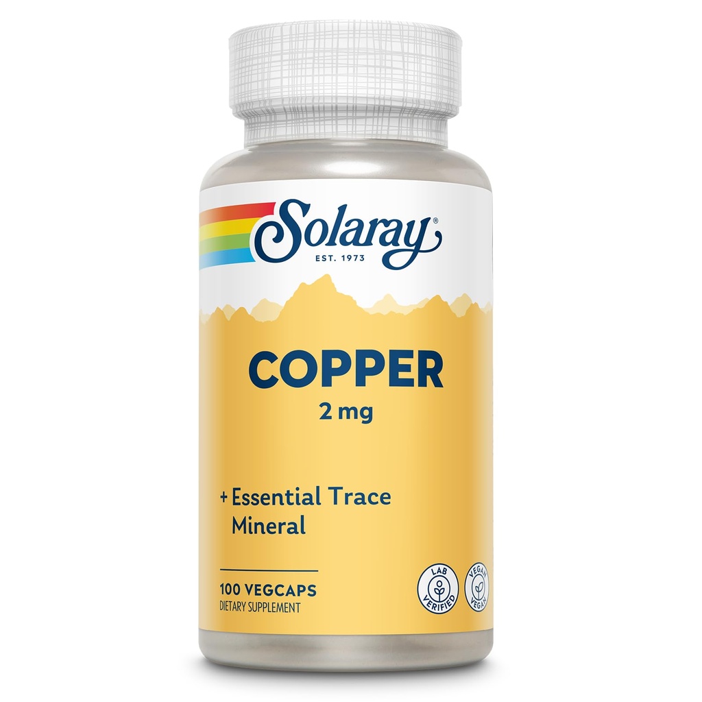 Solaray Copper 2 mg 12, Sund Red Blood Cell Danation, Immun og Nerve Funktionsstøtte 124; Non- GMO