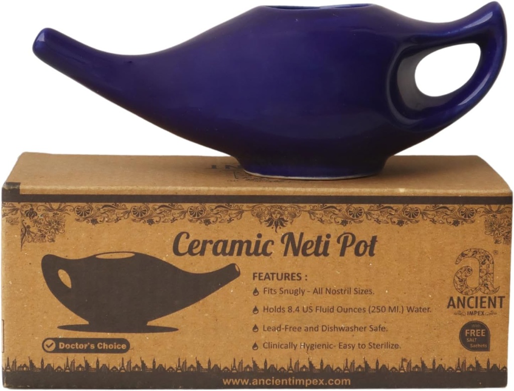 ANCIENT IMPEX Ceramic Neti Pot 250 Ml (Violet) med 5 Sachets Neti Salt Dex124; Natural Remedy for Nasal Wash, Sinus Relief & Nasal Hygiene Dex124; Ayurveda Nasal Vandingspot