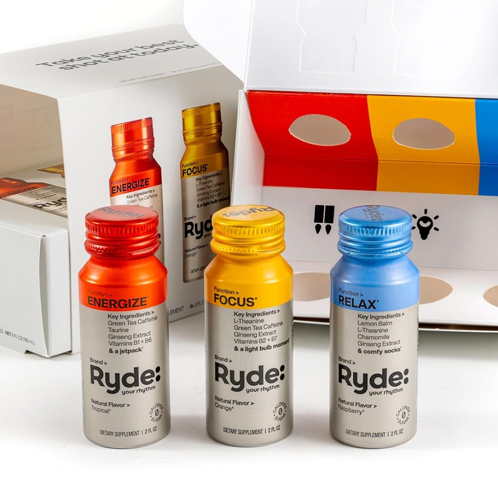 RYDE: Discovery Pack C124; Energize, Focus & Relax Shots C124; Green Tea Coffein, Taurine, Ginseng, B Vitamin, L- Theanine, Lemon Balm, Chamomile C124; 0 Kalorier, 0 Sukker Coffein 124; Variety Pack - Prøv dem alle (6 Pack)