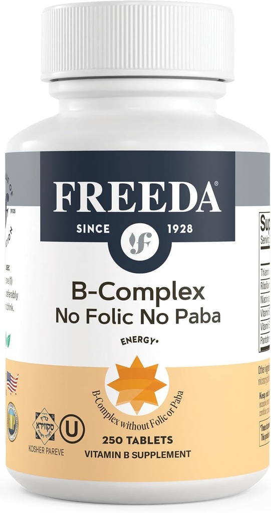 Freeda Vitamin B Complex Ingen folinsyre Ingen PABA - Super B Complex Kosher Vitamin Supplement med vitamin B1 Vitamin B2 vitamin B3 Vitamin B5 Vitamin B6 Vitamin B12 - Vit B Complex B for kvinder og mænd (250 Ct)