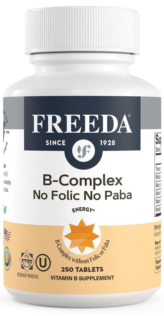 Freeda Vitamin B Complex Ingen folinsyre Ingen PABA - Super B Complex Kosher Vitamin Supplement med vitamin B1 Vitamin B2 vitamin B3 Vitamin B5 Vitamin B6 Vitamin B12 - Vit B Complex B for kvinder og mænd (250 Ct)