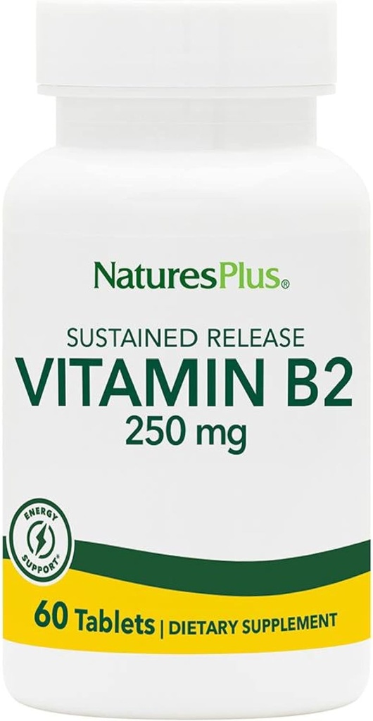 NaturePlus vitamin B2 (Riboflavin) - 250 mg, 60 vegetariske tabletter, Vedvarende udgivelse - Natural Energy & Metabolisme Booster, fremmer den samlede sundhed - Gluten- Free - 60 Servere