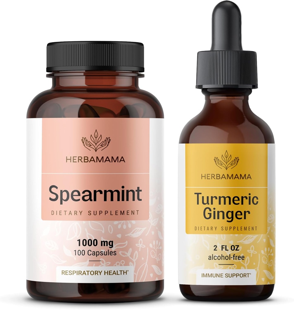 HERBAMAMA Spearmint og gurkemeje - Bundle of 1000 mg Spearmint Leaf kapsler & gurkemeje Ginger Tincture 2 fl oz - Vegan, Non- GMO, Sugar & Alcohol- Free - 2 Pack