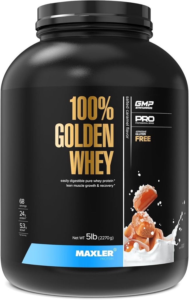 Maxler 100% Golden Whey Protein - 24g protein per servering - Premium Whey Protein Powder for Pre Post Workout - Fast- Absorbing Whey koncentrat, Isolate & Hydrolysate Blend - Saltet karamel 5 LB