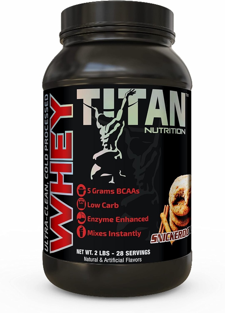 Titan Whey Protein Powder - Premium, Fast- Absorbing Whey med 23g af protein, BCAA, & fordøjelsesenzymer per servering - understøtter Lean Muscle Mass & Optimal fordøjelse - 2 Pounds, Snickerdoodle
