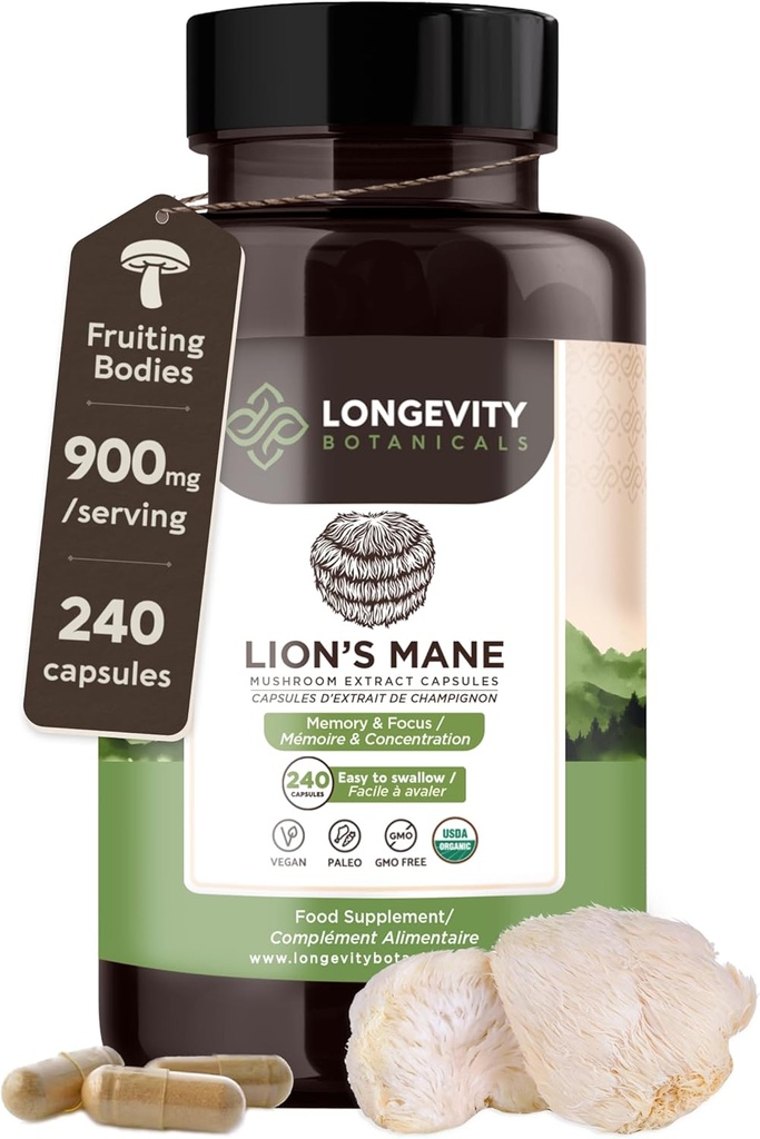 Longevity Botanicals Lions Mane Mushroom Extract Kapsler (240) - 124; Koncentreret 8: 1 Ratio - 124; 100% Fruiting Bodies - 124; Hericium Erinaceus Nootrop Supplement til Focus, Memory & Brain Support