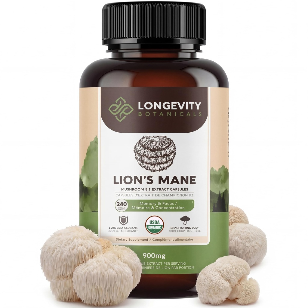 Longevity Botanicals Lions Mane Mushroom Extract Kapsler (240) - 124; Koncentreret 8: 1 Ratio - 124; 100% Fruiting Bodies - 124; Hericium Erinaceus Nootrop Supplement til Focus, Memory & Brain Support