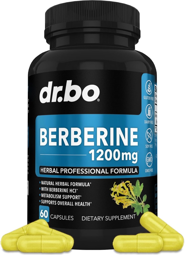Berberine supplement kapsler - 1200mg Berberine HCL supplement til sund metabolisk støtte - Premium naturlige kompleks for kvinder & mænd, Rene støttekapsler kosttilskud - 60 piller