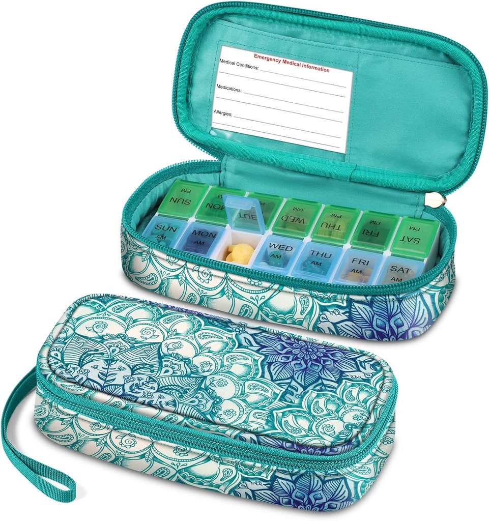 FINPAC Weekly Pill Arrangører, Travel Pill Case 7 Dag AM / PM Medicine Container og Dispenser to gange om dagen Pill Box med nødkort til medicinske kosttilskud, Vitamin (Emerald Illusions)