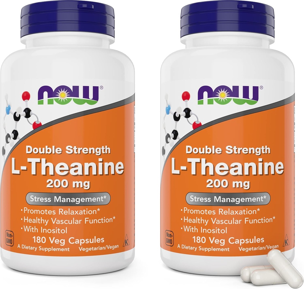 Now Foods L- Theanin, Double Strength 200 mg Per Cap - 180 Veg Capsules (Pack of 2) (360 Total Caps) - Forstærket med 100mg Inositol - Vegetarisk, Non- GMO - Ltheanine 200mg Supplement