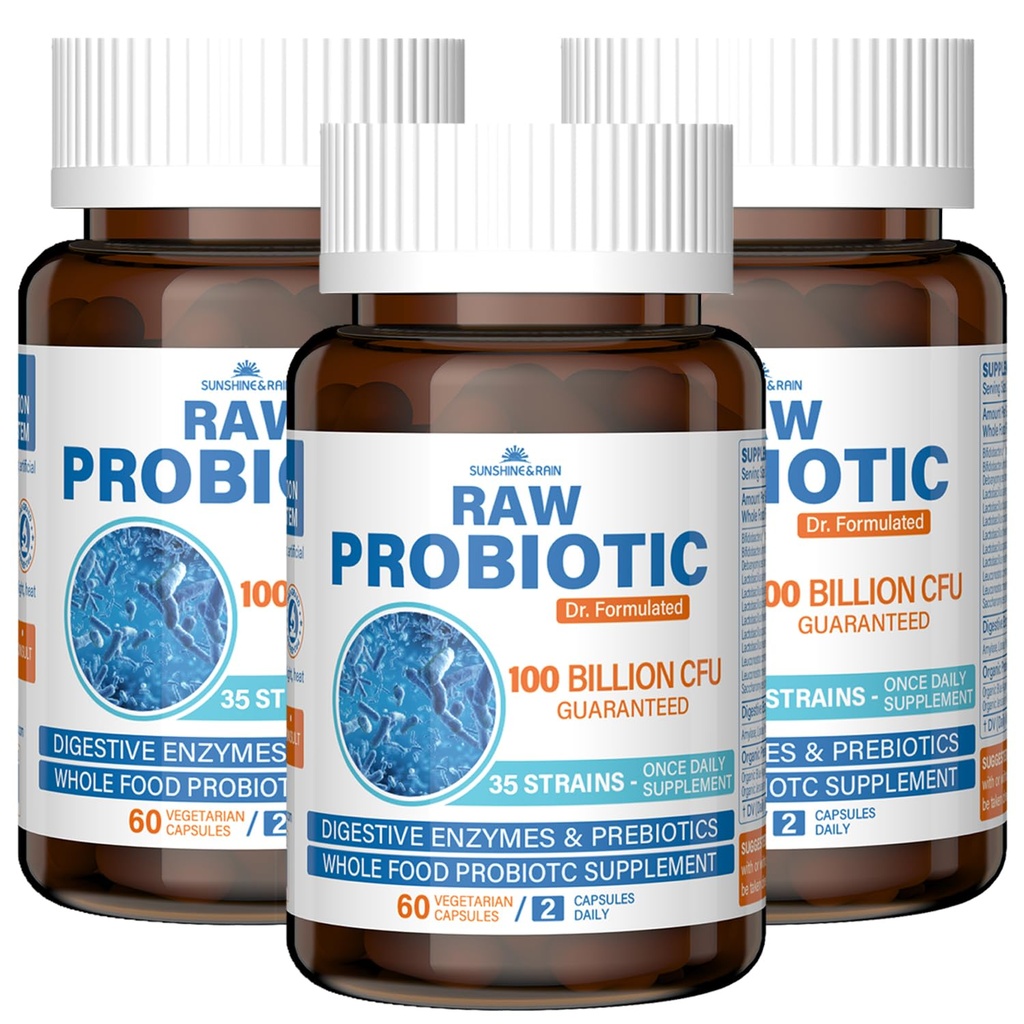 Raw Probiotika til kvinder & mænd - 100 Millioner CFU, 35 Strops, Organic Prebiotics & Natural fordøjelsesenzymer til fordøjelse, Gut & immunforsvar - Soja og Gluten Gratis, Non- GMO, 180 Vegankapsler