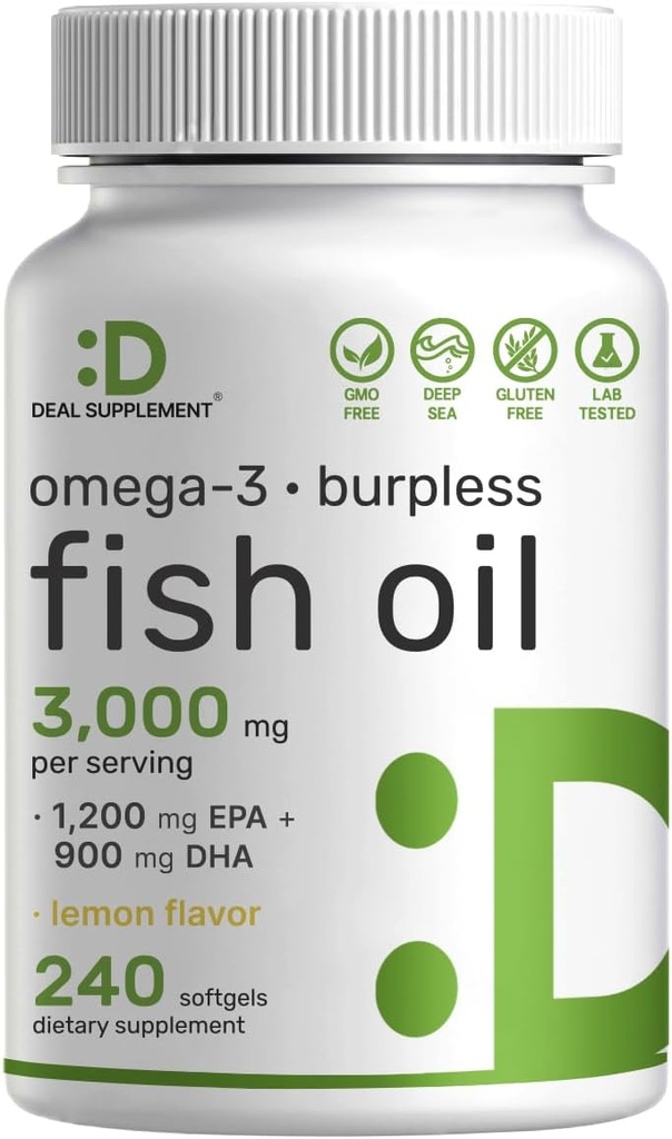 DEAL SUPPLEMENT Omega 3 Fish Oil Supplements, 3.000mg Per Serving, 240 Softgels - EPA 1,200mg + DHA 900mg - Burpless Pills, Lemon Flavored, Wild Caught - Brain & Heart Support - Mercury Free, non-GMO