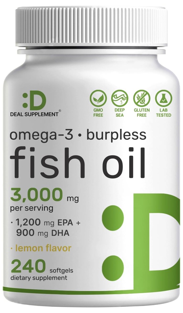 DEAL SUPPLEMENT Omega 3 Fish Oil Supplements, 3.000mg Per Serving, 240 Softgels - EPA 1,200mg + DHA 900mg - Burpless Pills, Lemon Flavored, Wild Caught - Brain & Heart Support - Merkur Free, Non- GMO