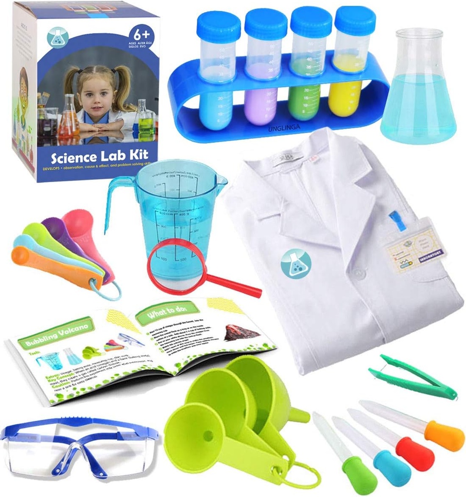 UNGLINGA Kids Science Experiment Kit med lab Coat Scientist Cottany Dress Up and Rolle Play Legetøj gave til drenge piger børn julefødselsdagsfest