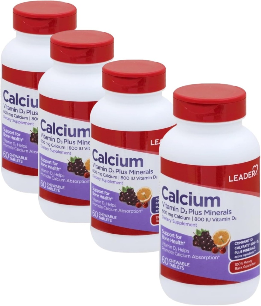 Leader Calcium Vitamin D3 Plus Mineraler, ben sundhed supplement med Magnesium & zink, understøtter stærke knogler & tænder, forbedret absorption, kirsebær, orange & frugt punch flavor, 60 tyggetabletter 4 - Pack