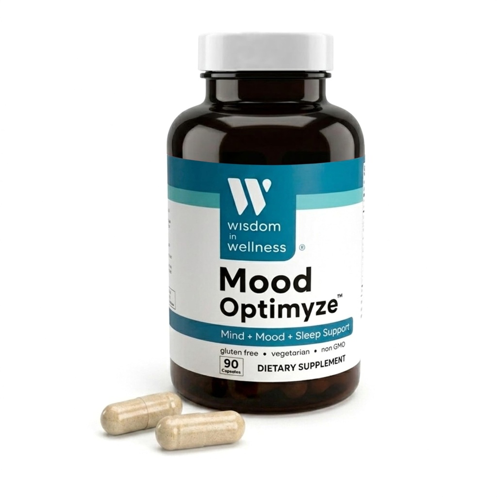 Visdom i Wellness Mood Optimyze - 90 Mood Support Kapsler - Lindrende Support - Mind, Sleep & Mood Support Pills - Gluten Free & Non GMO Wellness og Afslapning Supplement