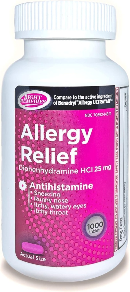 Allergi Relief Antihistamin, Diphenhydramin HCl 25mg, Generisk Benadryl Ultratabs, Relieves Seasonal Indoor eller udendørs øvre luftveje, 1000 Tælling