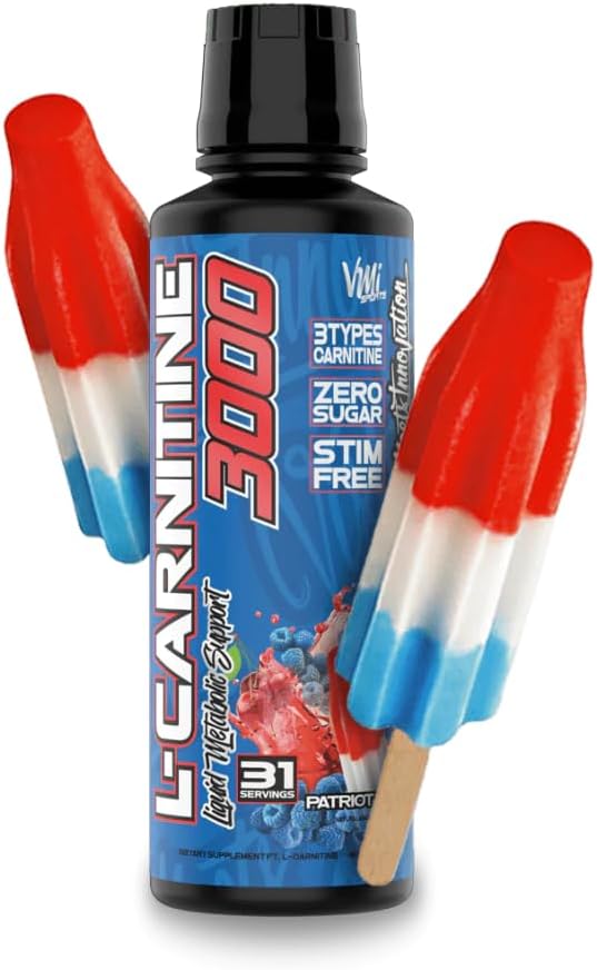 L- Carnitin 3000 Flydende • 124; 3000 mg Carnitin Supplement • 124; Zero Calorie Zero Sugar Keto Venlig for mænd og kvinder - Great Tasting • 124; 31 Serveringer (Patriot Pop, 16 fl. oz.)