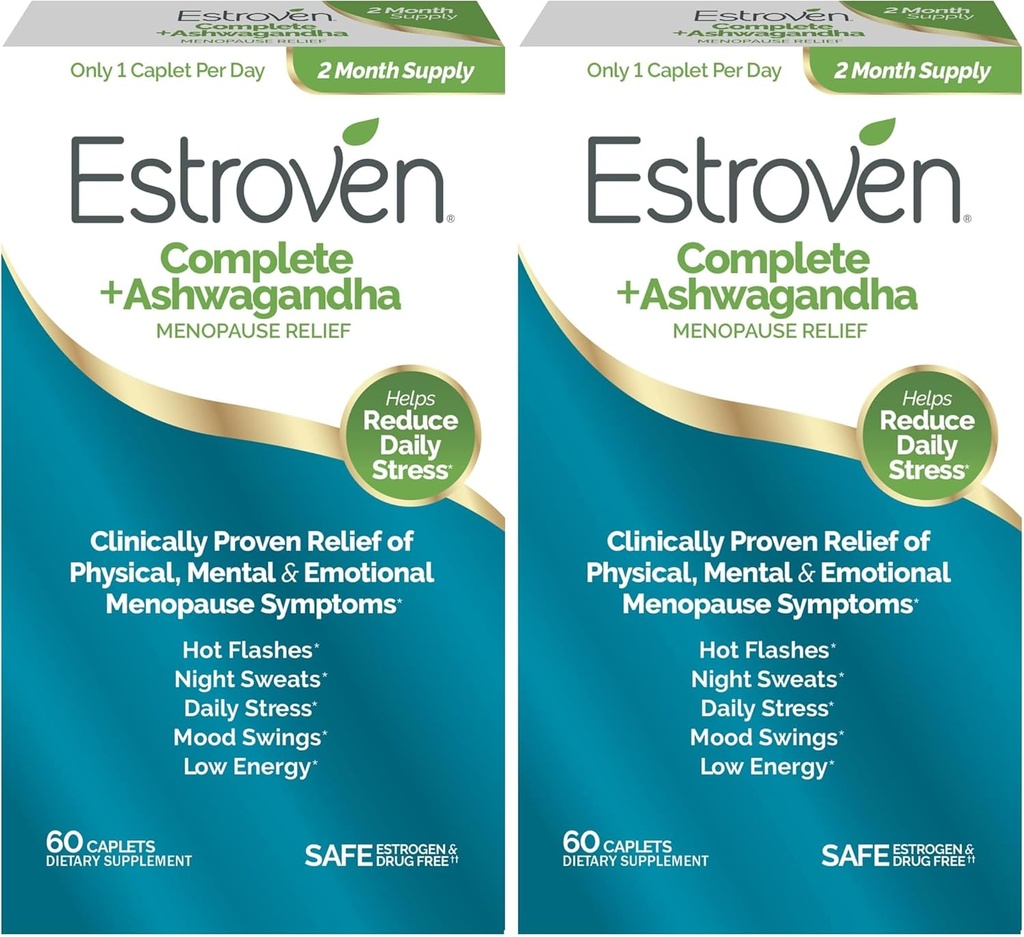 Estroven Complete + Ashwagandha Multi- Symptom Menopause Supplement for kvinder - Klinisk Proven Ingredienser Give Menopause Relief & Night Sweats + Hot Flash Relief * - 4 Måned Supply (Pack of 2)