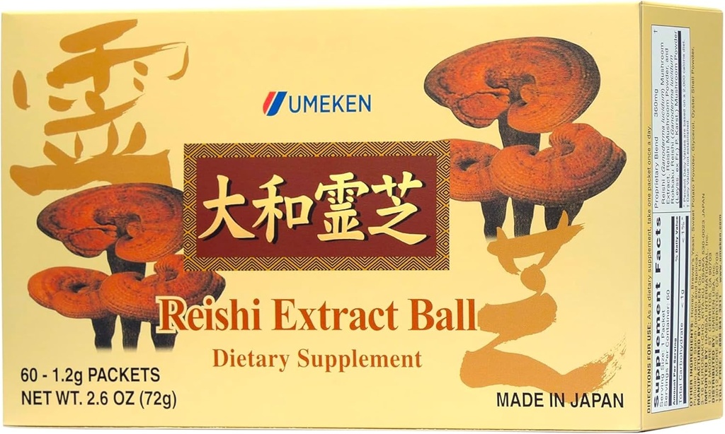 Umeken Reishi Mushroom Extract Balls, Koncentreret, Japansk Reishi Mushroom Supplement med Beta Glucan, Koncentreret i Ball Format, 2 Måned Supply, 60 Pakker, Pakning med 1