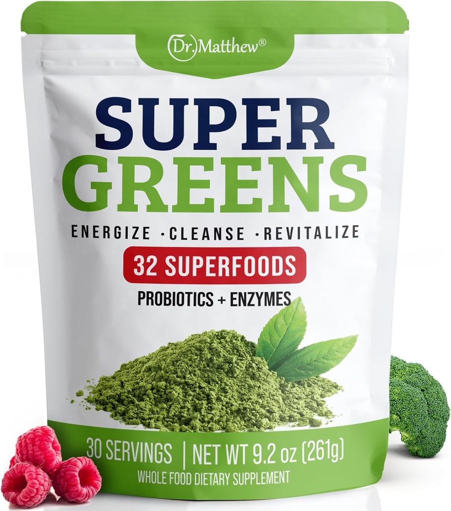 Green Juice Powder. Supergreens Superfood Powder. Detox Greens for Bloating og fordøjelse. Veggie Powder med Probiotika & enzymer. Chlorella, Spirulina, Hvedegræs, Ashwagandha. 32 Superfood