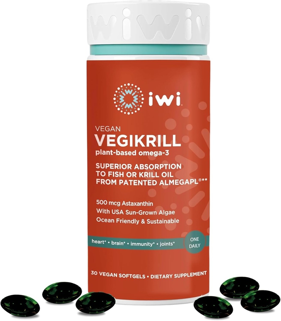 iwi Life Vegikrill Omega-3, 30 Softgels (30 Servere), Vegan, Plant- baseret Algae Omega-3 med Astaxanthin, Whole- Body Support, Krill & Fish Oil Alternative, Ingen Fishy Eftersmag