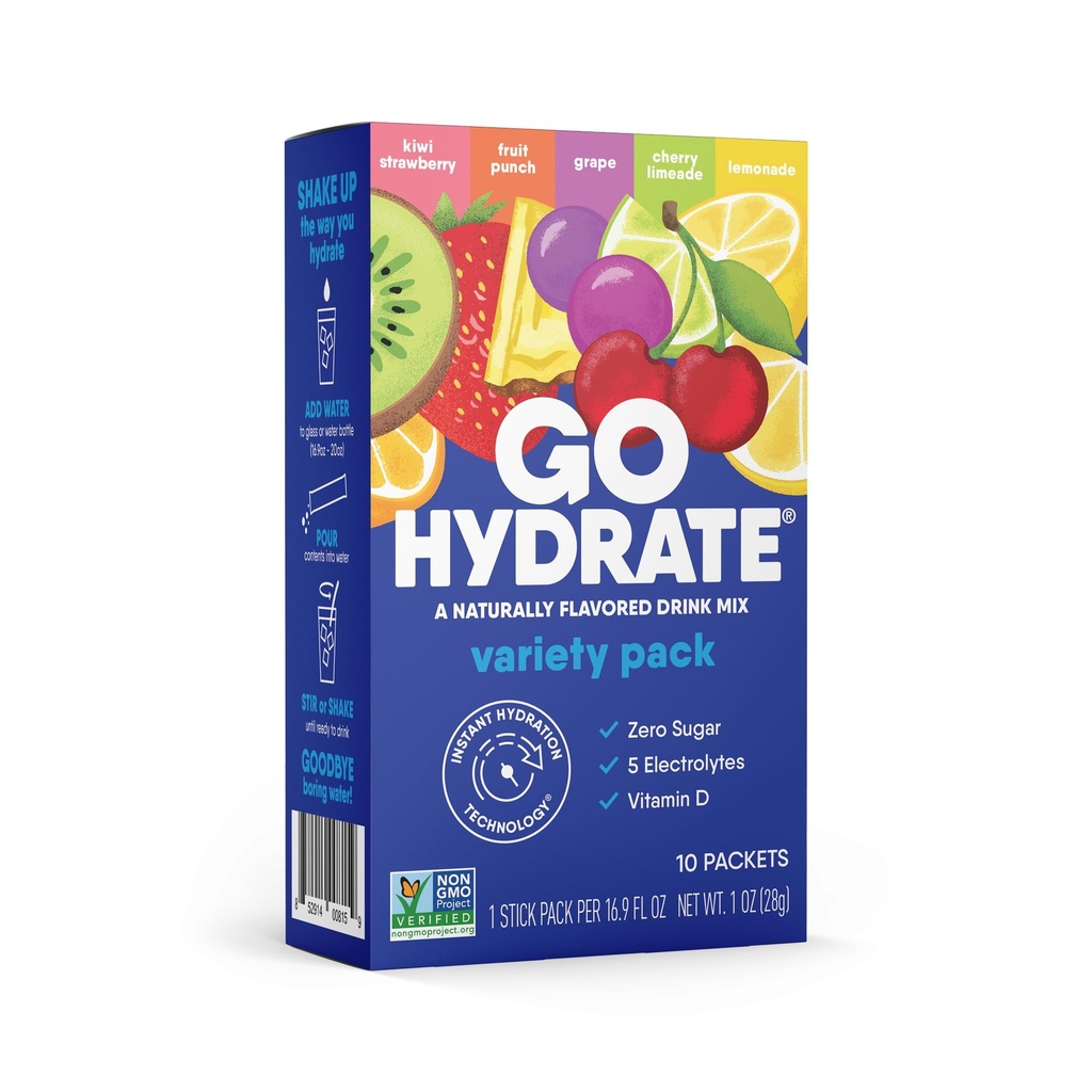GoHydrate Instant Hydration Powder Pakninger - Lavt natriumelektrolytter drikke mix - Natural Hydration Support, Sugar Free Electrolyte Flavored Powder Drikke med D-vitamin, 10 Pakker, Blandede