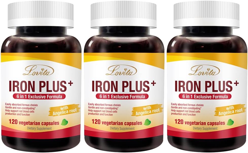 Lovita Iron 18 mg, 6 i 1 jerntilskud til kvinder, med C-vitamin, Dong Quai & B12, Vegan Vitamin til støtte for produktionen af røde blodceller uden obstipation, 120 kapsler (pakning med 3)