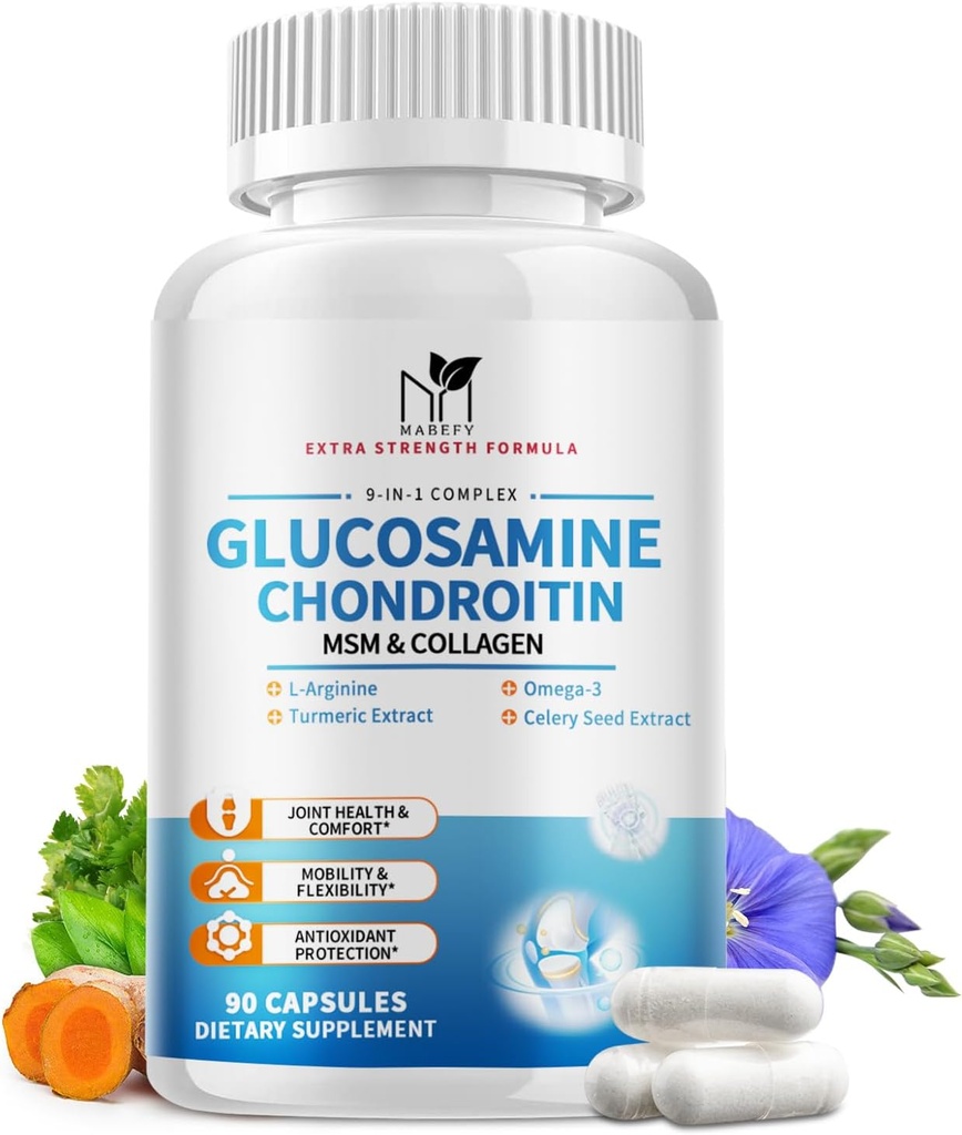Glucosamin Chondroitin kapsler 1500mg med MSM, Collagen, gurkemeje - Fælles supporttillæg til mænd og kvinder, fælles sundhed Antioxidant Support, 90 Kapsler