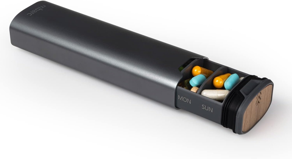 7 Day Weekly Pill Organizer 2.0 af mbarc - Premium Stilfuld aluminium og træ stor kapacitet pill boks til kosttilskud, piller, vitaminer og medicin. (Steel Grey)
