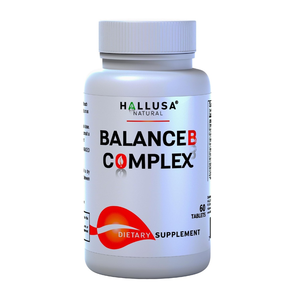 Hallusa Natural Vitamin B Complex med biotin, B12, B6, B5, B3, B2 - Energi, Metabolisme og hårstøtte 60 tabletter - Daily B- Complex supplement med folinsyre, Inositol & Cholin