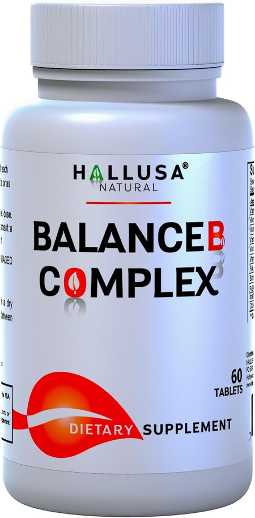 Hallusa Natural Vitamin B Complex med biotin, B12, B6, B5, B3, B2 - Energi, Metabolisme og hårstøtte 60 tabletter - Daily B- Complex supplement med folinsyre, Inositol & Cholin